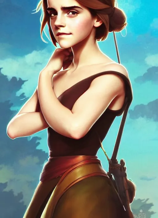 Image similar to cute emma watson trading card design, natural lighting, path traced, highly detailed, high quality, digital painting, by don bluth and ross tran and studio ghibli and alphonse mucha, artgerm