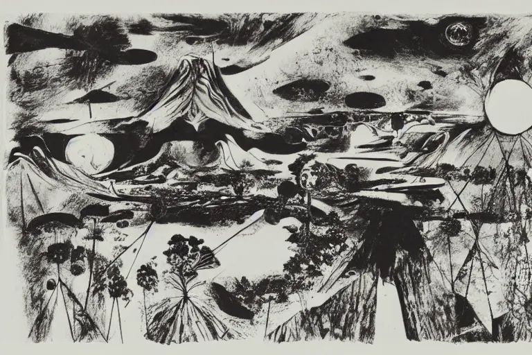 Prompt: a new afrofuturist ecotopia on a distant world. an award winning surrealist abstract landscape by salvador dali and william kentridge