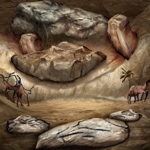 Image similar to realistic prehistoric cave drawings, cave, high quality, rocks, paint