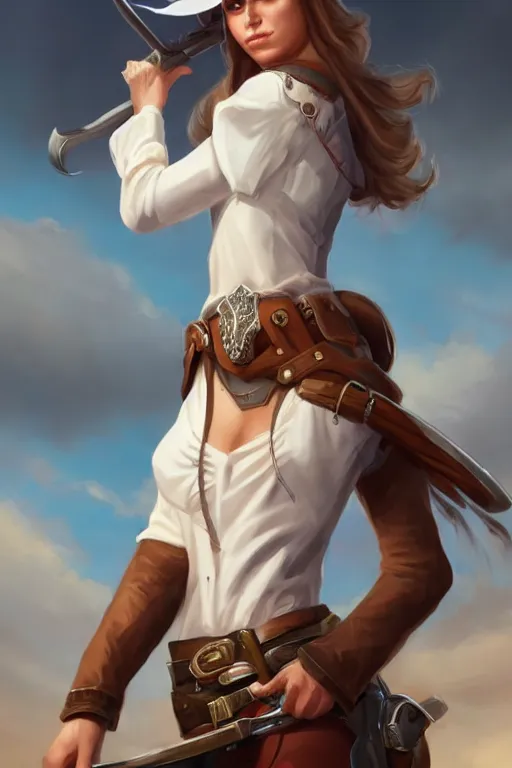 Image similar to full body, female cowgirl, perfect face, white blouse, long rifle, 8 k, magic the gathering, desert, d & d, artstation