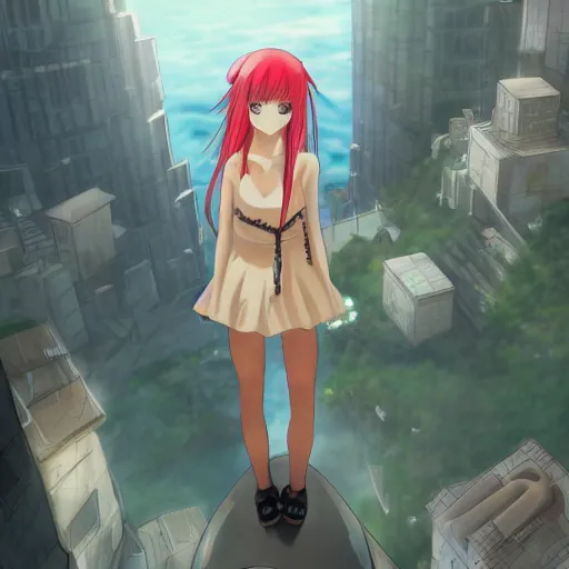 Prompt: anime neko - girl looking from the edge of the cliff on the giant city below, midnight, trending on artstation, highly detailed, satoshi kon artstyle