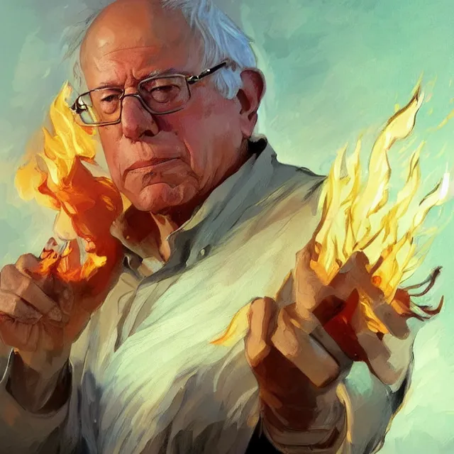 Prompt: Bernie Sanders as a firebender, portrait, elegant, intricate, digital painting, artstation, concept art, smooth, sharp focus, illustration, art by konstantin korovin and Daniel F. Gerhartz and john howe