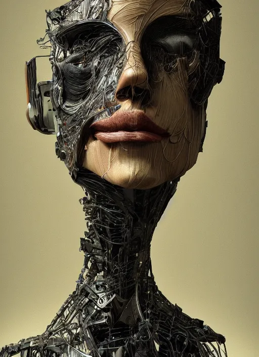 Image similar to Subsequent layers peeling back to reveal a ventriloquist dummy's cybernetic skin, digital art extreme detail, octane render, 8k, by Dave McKean and artgerm and Ilya Repin