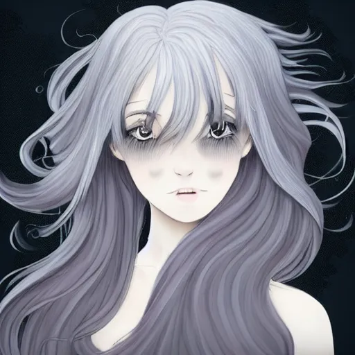 Image similar to young woman with long wavy ashen silver hair, with blackness instead of eyes, anime