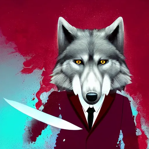 Image similar to an anthropomorphic wolf wearing a suit holding a knife dripping with maroon liquid, digital art, well lit