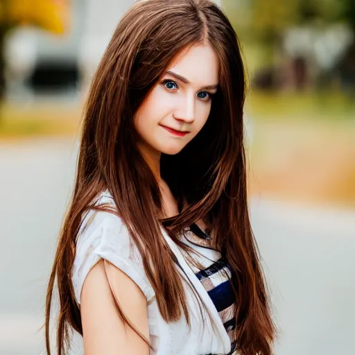 Prompt: real life photo of a beautiful girl, full body photoshoot, long brown hair, brown eyes, full round face, short smile, casual clothes, highly detailed, xf iq 4, 1 5 0 mp, 5 0 mm, f 1. 4, iso 2 0 0, natural light, adobe photoshop, adobe lightroom