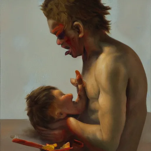 Image similar to stock photo of Saturn eating his child, oil on canvas, trending on artstation, deviantart