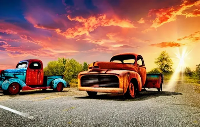 Image similar to A beautiful colorful evening scene of route66, old road with abandoned gas station and rusty old pickup truck, hyper realistic, blinding backlight evening sun, sparkling sun rays, epic scene, intense setting, evening vibe