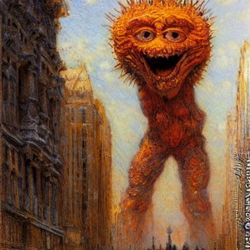 Image similar to monumental hyperrealism, post - impressionism by gaston bussiere. a beautiful drawing of a large, orange monster looming over a cityscape. the monster has several eyes & mouths, & its body is covered in spikes. it seems to be coming towards the viewer, who is looking up at it in fear.