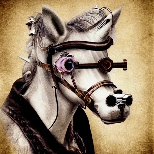 Prompt: a photorealistic portrait of a unicorn wearing steampunk glasses