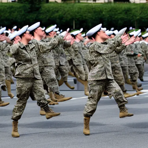 Image similar to a military parade doing goose steps while holding giant keyboards, 4 k photography