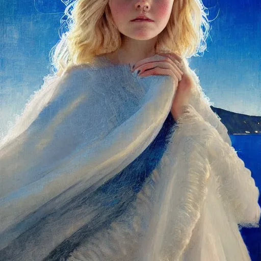 Image similar to Elle Fanning in Santorini at night, head and shoulders portrait, stormy weather, extremely detailed masterpiece, Roger Deakin’s cinematography, oil on canvas, Norman Rockwell,