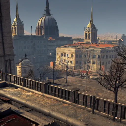 Image similar to fallout 5 set in budapest, game screenshot, 4 k, high detail