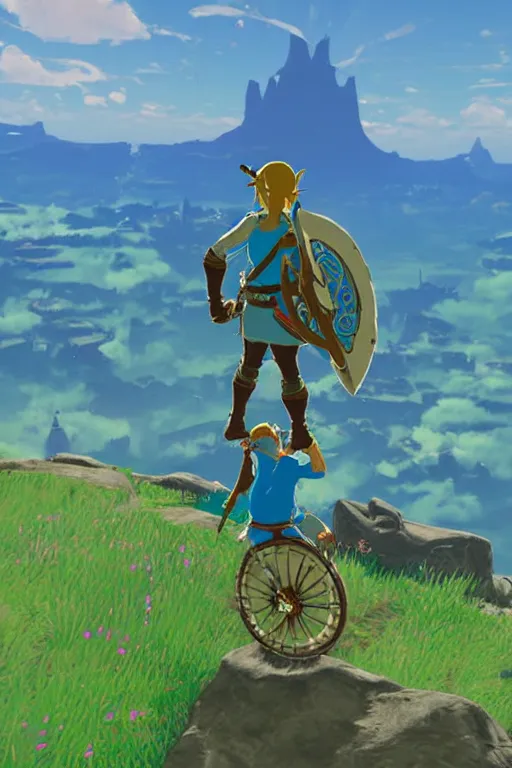 Prompt: in game footage of link from the legend of zelda breath of the wild riding a unicycle, breath of the wild art style.