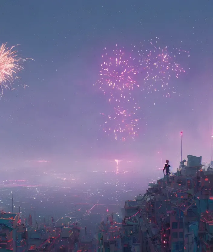 Image similar to sky of fireworks seen from high up in the sky at night by makoto shinkai, simon stalenhag, nier atutomata environment concept art, greg rutkowski and krenzcushart