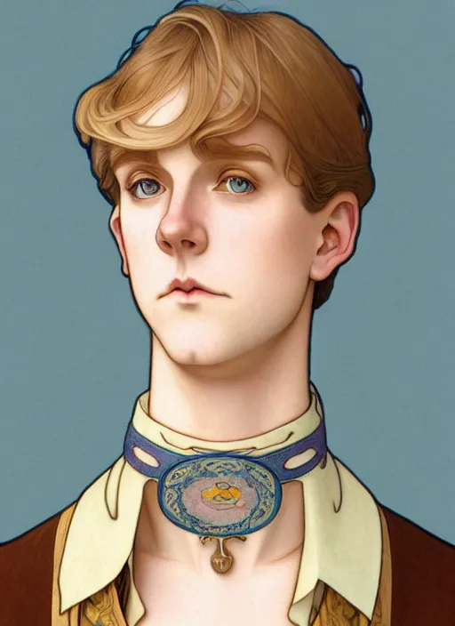 Image similar to art nouveau portrait of a pretty young man with short light brown straw blond hair, light blue eyes, sad expression, scared, head down, shy and demure, wearing a choker collar, natural lighting, path traced, highly detailed, high quality, cartoon, digital painting, by don bluth and ross tran and studio ghibli and alphonse mucha