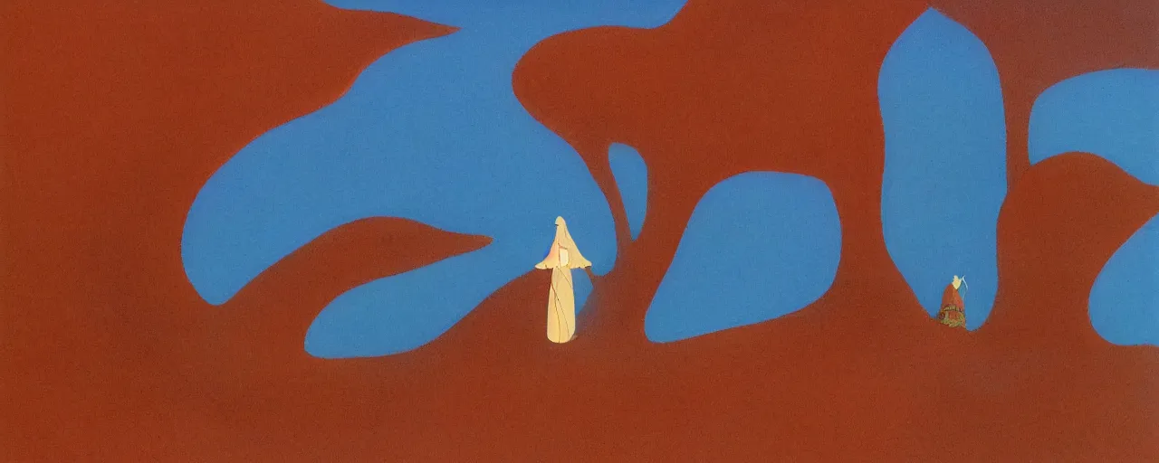 Prompt: deep golden sand desert, sand dunes, small oasis, sand mists, red sandstone natural sculptures, desert flowers, subtle color variations, highly detailed, wind, a white robed benevolent magician clothed in a royal garment in contemplation meditating upon God, by Eyvind Earle and Mary Blair