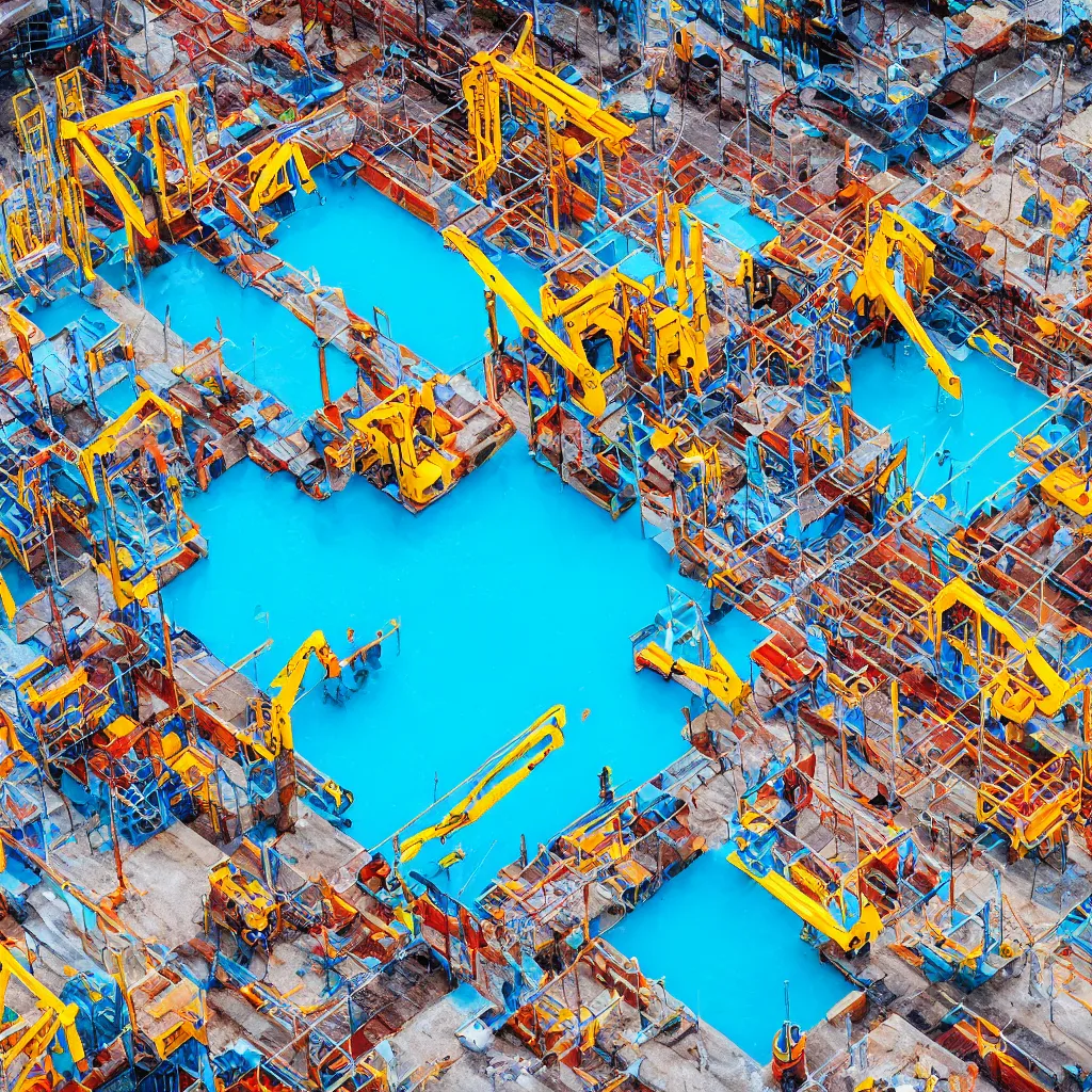 Image similar to colorful construction site with pools of bright blue water, birds eye view