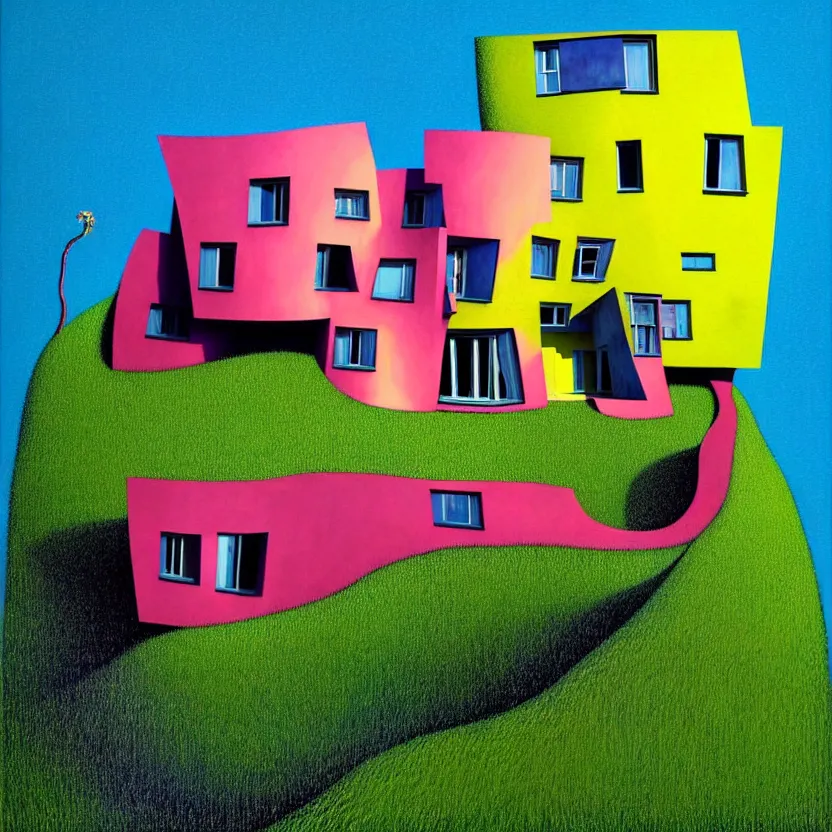 Image similar to surreal glimpse into other universe, a house by frank gehry on an island, summer morning, very coherent and colorful high contrast, art by!!!! gediminas pranckevicius!!!!, geof darrow, floralpunk screen printing woodblock, dark shadows, hard lighting, stipple brush technique,