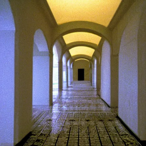 Prompt: Beautiful Fuzzy wide-eye-lens 15mm, harsh flash, cameraphone 2002, Photograph of an tiled infinite foggy foggy foggy liminal pool pool hallway hallway hallway with archways and water on the floor