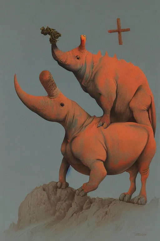 Image similar to painting of cross between parrot & rhino, intercrossed animal, by zdzislaw beksinski, by tiffany bozic, cold hue's, warm tone gradient background, concept art, beautiful composition, digital painting,