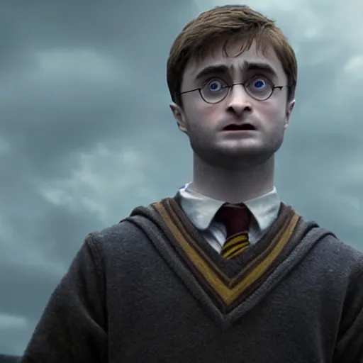 Prompt: daniel radcliffe as harry potter casting a spell at voldemort, realistic artstyle, wide shot, hd, cinematic, 8 k, 4 k