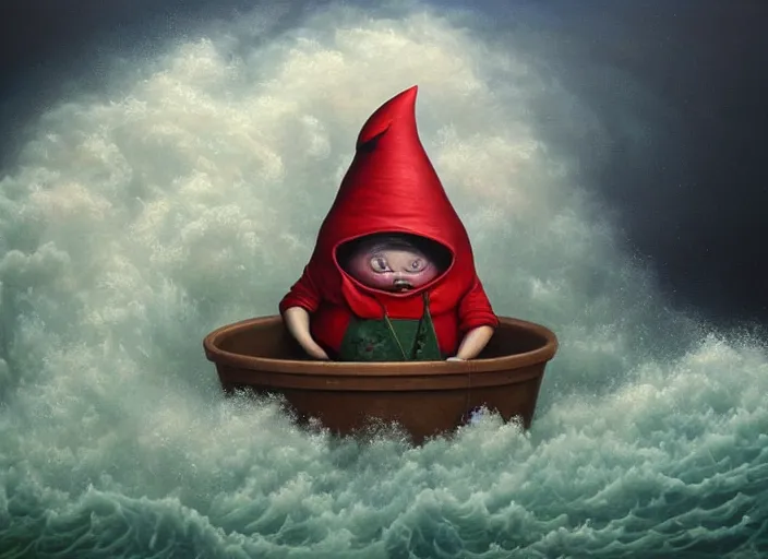 Image similar to a terrified garden gnome sailing in a bucket, background of raging ocean with huge waves on a stormy day with dramatic thunderhead clouds, an ultrafine detailed painting by mark ryden, trending on deviantart, pop surrealism, whimsical, lowbrow, rainy, perfect symmetrical face