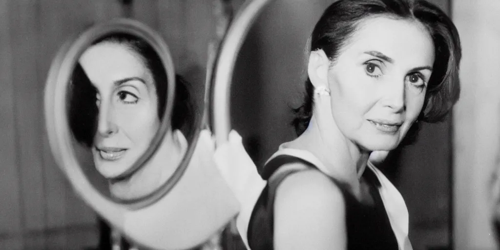 Prompt: ultra wide angle color photo of beautiful young nancy pelosi dressed in a white blouse and black dress pants as diana prince looking at herself in a bathroom mirror and seeing her reflection as wonder woman