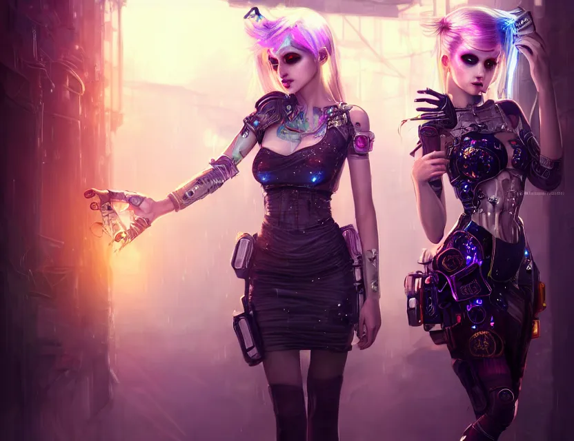 Image similar to two beautiful fashion cyberpunk girls wear fantasy dress in festival | | big eyes, sunny, dreamlike art, realistic shaded, smile, good looking, hyper details, 4 k realistic, cryengine, realistic shaded lighting poster by artgerm, ross tran, fuji choko, loish, artgerm, 8 k resolution, trending on artstation, luxury