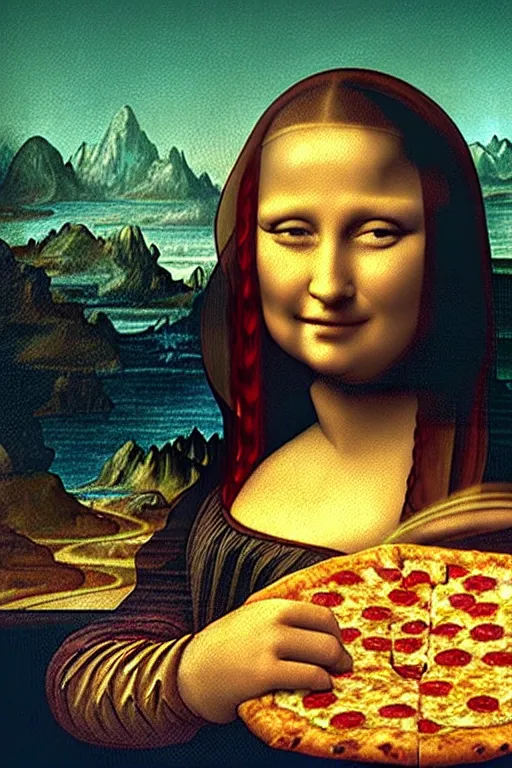 Prompt: movie shot, ambient light, portrait of a woman holding a slice of pizza in her hands, the slice of pizza is held in mid air, near her face, in the artistic style of mona lisa