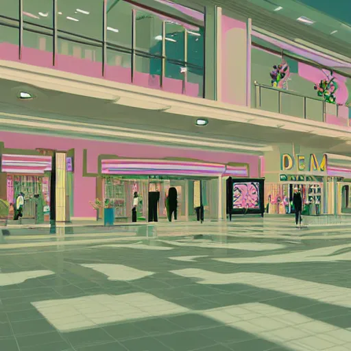 Image similar to art deco vaporwave illustration of a mall atrium in pastel colors