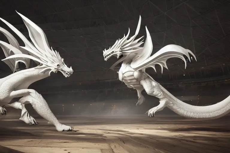 Image similar to the white dragon in the sports arena, octane render, realistic, unreal engine 5, raytracing, trending on artstation