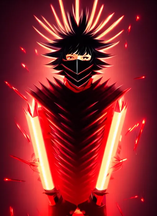 Image similar to a striking cinematic full body manga portrait of a long black haired masked male teenager wearing imposing red jagged spiked plate armour and glowing with raging powerful red energy by hirohiko araki and beeple, fine details, digital art, character concept art, volumetric lighting, cinematic light, photorealistic