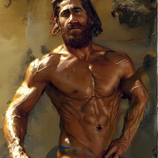 Prompt: Jake Gyllenhaal with a shredded body type, painting by Gaston Bussiere, Craig Mullins