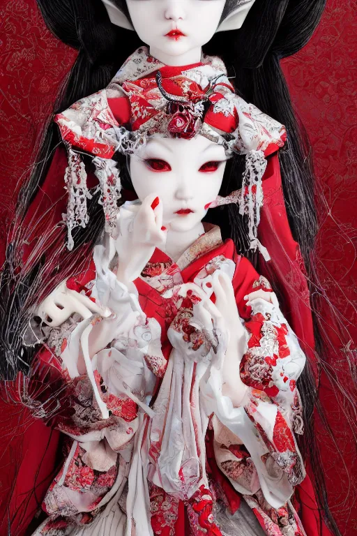 Image similar to high angle photo an avant - garde japanese bjd geisha vampire queen in a victorian lolita fashion red dress in the style of lovecraftian horror painted by yoshitaka amano, takato yamamoto, ayami kojima, dmt art, symmetrical vogue face portrait, intricate detail, artstation, cgsociety, artgerm, rococo