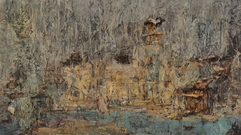 Image similar to a chinese prison near a river by peter doig, muted colors