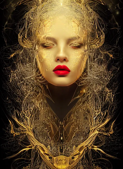 Image similar to glowing silver and golden elements, full close-up portrait, vector dark witch from unsplash, book cover, green forest, white moon, red lips, establishing shot, extremly high detail, photo-realistic, cinematic lighting, pen and ink, intricate line drawings, by Yoshitaka Amano, Ruan Jia, Kentaro Miura, Artgerm, post processed, concept art, artstation, matte painting, style by eddie mendoza, raphael lacoste, alex ross