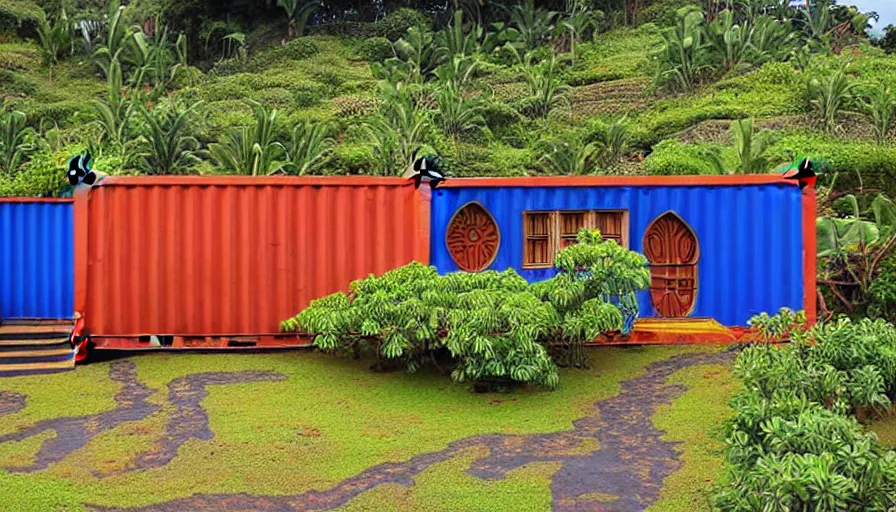 Image similar to hobbit monastery made of shipping containers, on hawaii, by Ivan Bilibin,