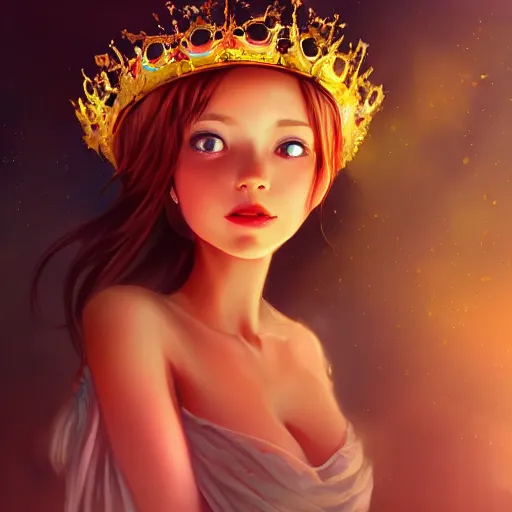 Prompt: a princess looking at a glowing crown, digital painting, hd, anime art, smooth, Rutkowski Greg, Tran Ross