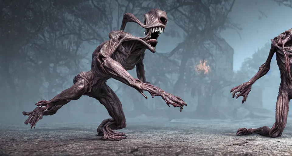 Prompt: a grotesque, disfigured alien creature lunging itself at a helpless man, outside, overcast day, horror movie, unreal engine, octane render