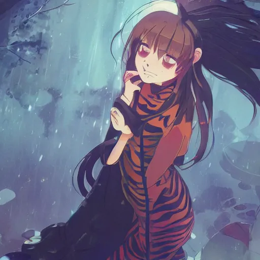 Image similar to a tiger wearing a dress, illustration concept art anime key visual trending pixiv fanbox by wlop and greg rutkowski and makoto shinkai and studio ghibli and kyoto animation symmetrical facial features