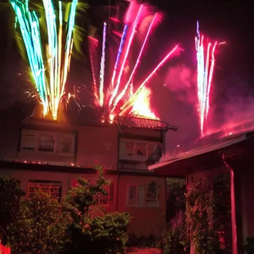 Image similar to small home garden with a rammstein concert pyrotechnics display