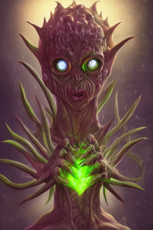 Image similar to a humanoid figure plant goblin with large glowing eyes, highly detailed, digital art, sharp focus, trending on art station, artichoke, anime art style