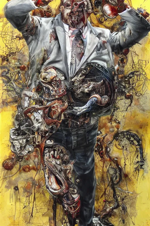 Image similar to paul blart full body shot, hyper - realistic oil painting, body horror, biopunk, by ralph steadman, francis bacon, hunter s thompson