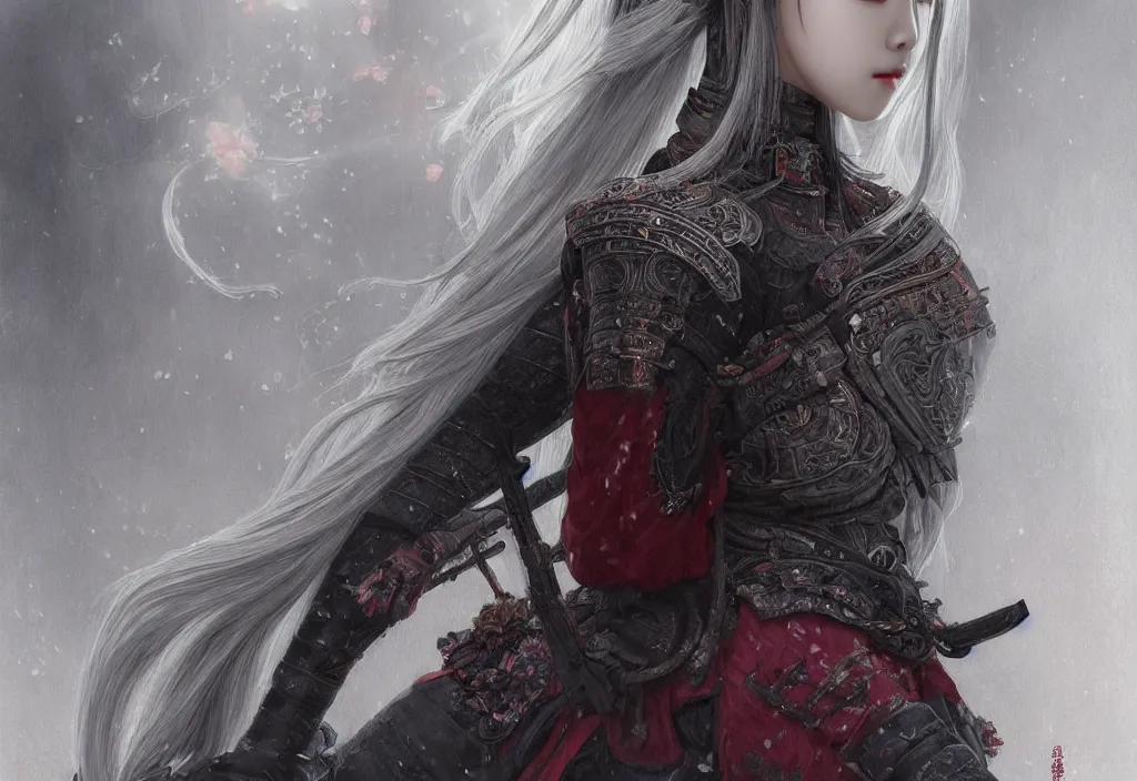 Prompt: portrait grey hair samurai girl, jisoo blackpink, armor samurai wardrobe, in fire honnoji temple wet night, ssci - fi and fantasy, intricate and very very beautiful and elegant, highly detailed, digital painting, artstation, concept art, smooth and sharp focus, illustration, art by tian zi and wlop and alphonse mucha