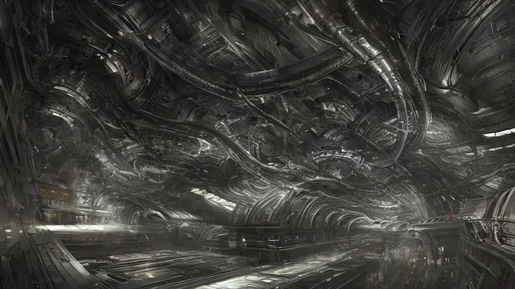 Image similar to a Photorealistic dramatic hyperrealistic,hyper detailed render of an Epic Sci-Fi, Gigantic Alien xenomorph spaceship inside huge interior hangar,intricate bio mechanical surface details in a top secret research facility,many tubes and cables hanging from the ceiling by Greg Rutkowski,Craig Mullins,ILM,Beautiful dynamic dramatic moody lighting,Volumetric,Cinematic Atmosphere,Octane Render,Artstation,8k