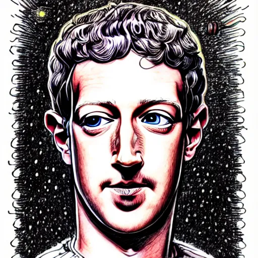 Image similar to the inner self of mark zuckerberg, clockwork engine, psychedelic, lsd, spiritual, mystical, epic beautifully detailed pen, ink and copic markers drawing by milo manara