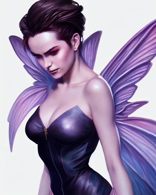 Image similar to 3 / 4 view of a woman with fairy wings, confident pose, pixie character, video game genshin impact, james dean, elegant, sharp focus, illustration, highly detailed, concept art, matte, magali villeneuve, artgerm, anime, trending on artstation