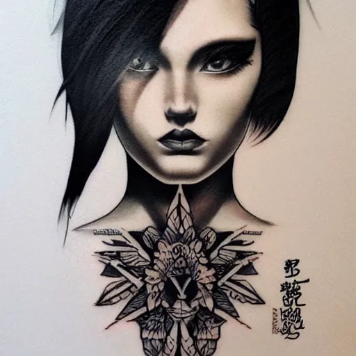 Image similar to tattoo design, stencil, beautiful young female, long dark hair, symmetrical facial features, Japanese, partially clothed in robe, by William-Adolphe Bouguerea and artgerm