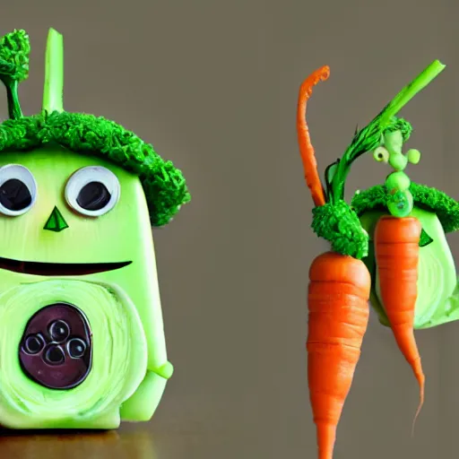 Image similar to little happy robot made of vegetables with big avocado hat and a carrot sword, made in abyss style